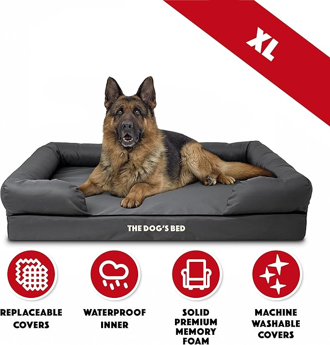 The Dog’s Bed Orthopedic Memory Foam Dog Bed with Bolsters, Oxford Fabric, Grey with Black Trim, XL