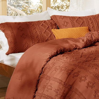 Bedsure Tufted Boho Comforter Set Queen Size - Terracotta Boho Bed Set, GentleSoft™ 3 Pieces Farmhouse Shabby Chic Embroidery Bedding, Gifts for Woman, Soft Jacquard Queen Comforter for All Seasons