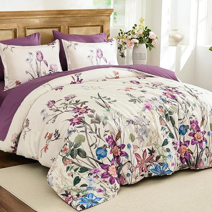 WONGS BEDDING Queen Comforter Set 7 Piece, Purple Floral Bed in a Bag Bedding Set with Botanical Flowers Patterns, Soft Lightweight Complete Comforters with Sheets for All Season