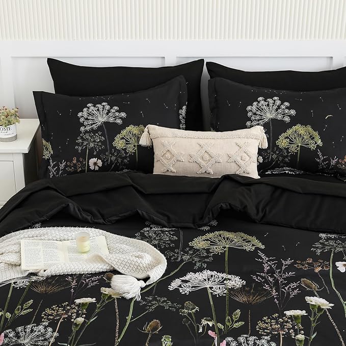 Yiran Black California King Comforter Set, 7 Piece Dandelion Botanical Comforter Bedding Set, Spring Bed in a Bag, Soft Microfiber Complete Bedding Set with Sheets for All Season