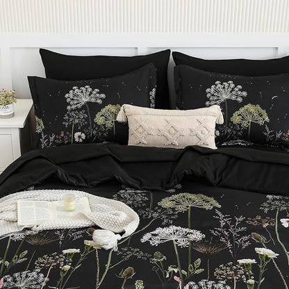 Yiran Black California King Comforter Set, 7 Piece Dandelion Botanical Comforter Bedding Set, Spring Bed in a Bag, Soft Microfiber Complete Bedding Set with Sheets for All Season