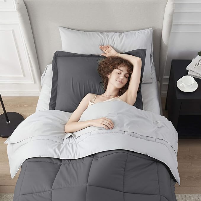 Nestl 5 Piece Twin XL Comforter Set – Dark Grey Reversible Bed in a Bag – Complete Twin XL Size Bedding Set with Sheets, Pillowcase and Sham