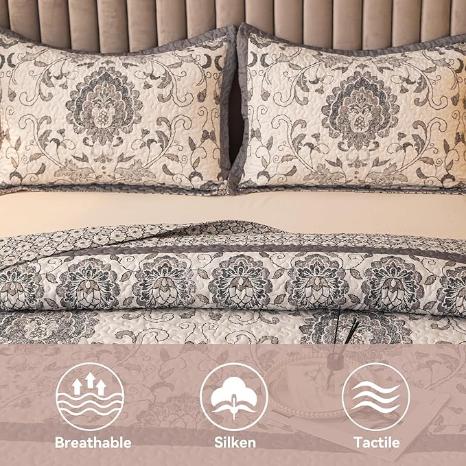 Nordic Style Twin Size Comforter Quilt Sets -2 Pieces Red Quilts 100% Cotton(1Quilt,1 Pillow Shams) with Reversible Bedspreads Bohemian Patchwork Bedding Set Sleep Companion(Grey)