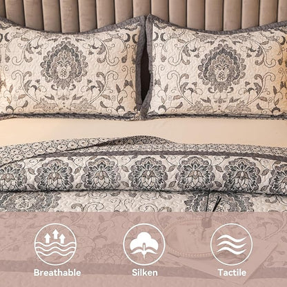 Nordic Style Queen Size Quilt Comforter Sets 3 Pieces Quilts (1 Quilt, 2 Pillow Shams) Nordic Bedding Set Printed Coverlet with Pillowcase Lightweight Bedspread Set for All Seasons(Grey)