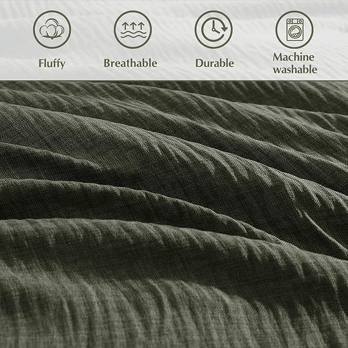 Geniospin Dark Olive Green Queen Comforter Set - 7 Pieces Comforter Queen Size, Solid Bedding Set for All Season, Textured Bed in a Bag with Sheets