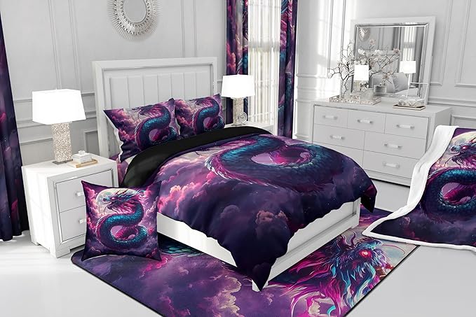 Mystery Dragon Comforter Set for Kids Adults,Exotic Moon Vintage Dragon Chinese Style Bedding Comforter Sets Toddler,3D Wildlife Watercolor Cloud Quilt Comforter with 1 Pillowcase
