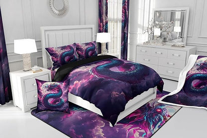 Mystery Dragon Comforter Set for Kids Adults,Exotic Moon Vintage Dragon Chinese Style Bedding Comforter Sets Full,3D Wildlife Watercolor Cloud Quilt Comforter with 2 Pillowcases