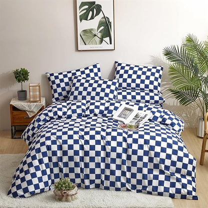 CLOTHKNOW Blue White Plaid Twin/Twin XL Comforter Set 3Pcs Grid Bedding Comforter Sets Royal Blue White Bed Comforter Blue Bedding Sets Soft