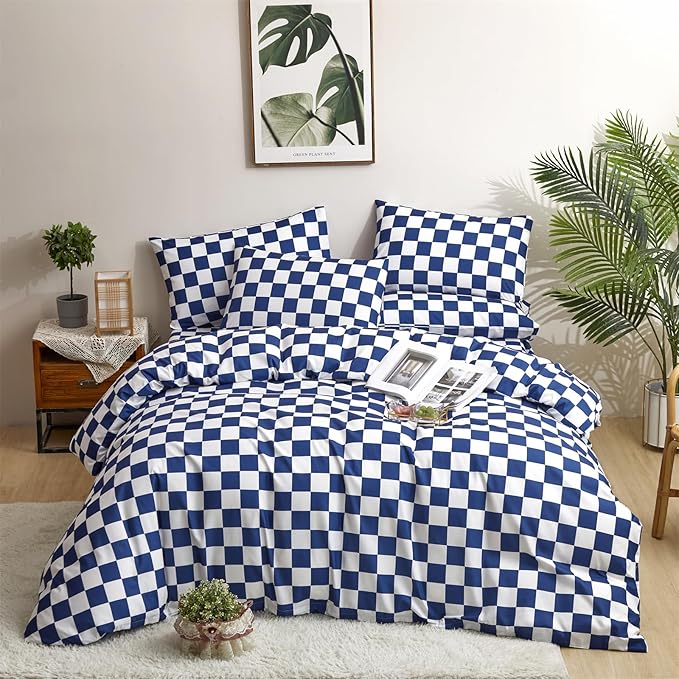 CLOTHKNOW Blue White Plaid Queen Comforter Set 3Pcs Grid Bedding Comforter Sets Checkerboard Comforter Royal Blue White Comforter with 2 Pillow Cases