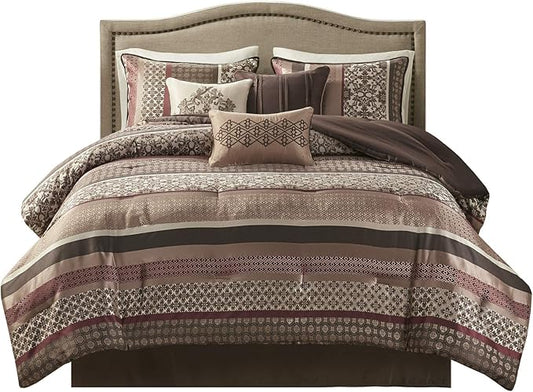 Madison Park Princeton Cozy Comforter Set - Luxurious Jaquard Traditional Damask Design, All Season Down Alternative Bedding with Matching Shams, Decorative Pillow, King(104"x92"), Red 7 Piece