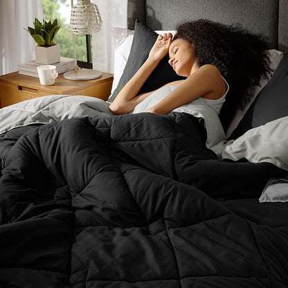 Comfort Spaces Vixie Reversible Comforter Set - Trendy Casual Geometric Quilted Cover, All Season Down Alternative Cozy Bedding, Matching Sham, Black/Gray, Twin/Twin XL 2 piece