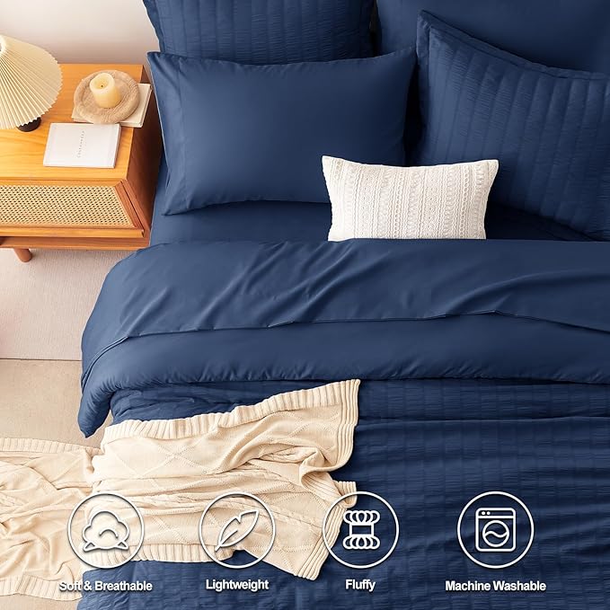 CozyLux Oversized Queen Comforter Set Navy Blue Seersucker 7 Pieces Bed in a Bag Queen Comforter Set with Sheets, Luxury Soft Bedding Set with Down Alternative Comforter, Sheets, Pillowcases & Shams