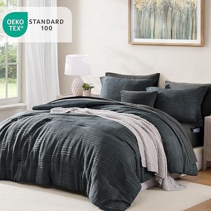 MaiRêve Queen Comforter Set Blue Grey, Textured Design Crinkle Bedding Sets 7 Pieces, All Season Bed in A Bag with Comforter, Sheets, Pillowcases & Shams