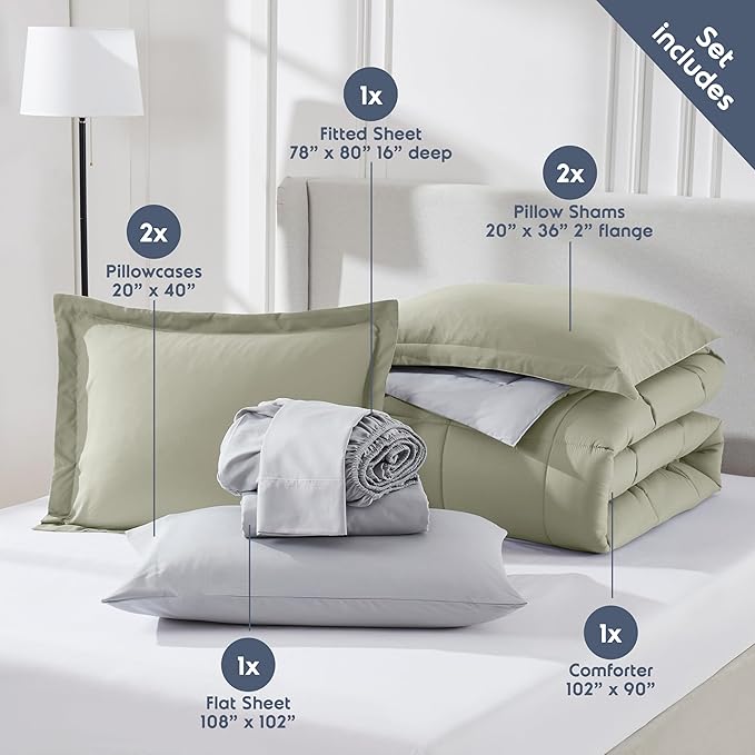 Nestl 7 Piece King Comforter Set – Light Sage Reversible Bed in a Bag – Complete King Size Bedding Set with Sheets, Pillowcases and Shams
