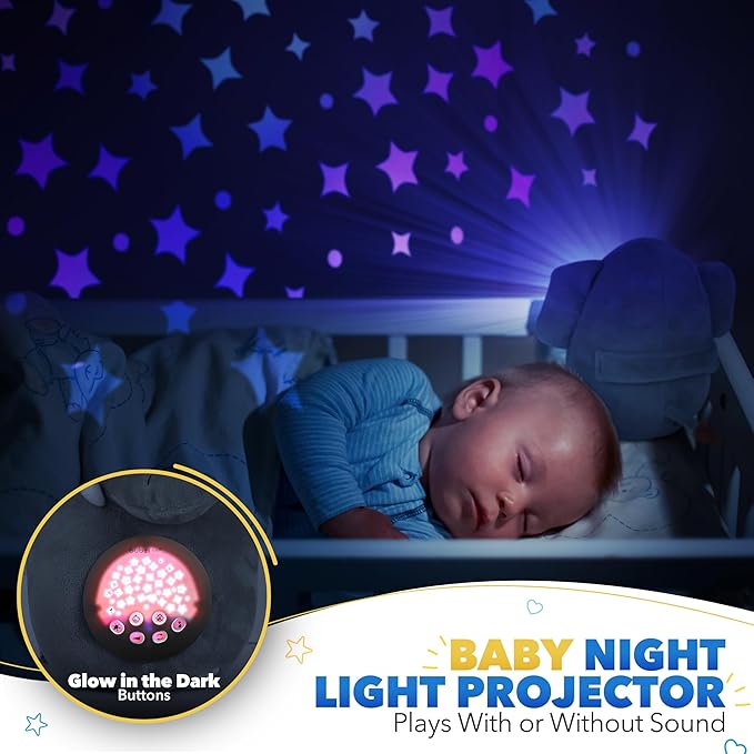 Bubzi Co Sound Machine, Portable Elephant Soother & Night Light Projector, Comforting Electronic Infant Toddler Sleep Aid & Shush with White Noise