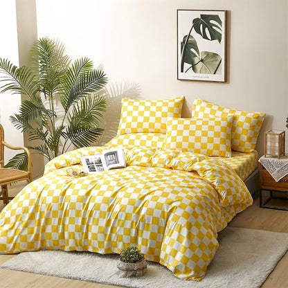 Houseri Plaid Comforter Set King 3 PCS White and Light Yellow Buffalo Checkered Bedding King Size Soft Comfy Women Men Luxury Bright Yellow Grid Checkerboard Gingham Bed Quilt Blanket