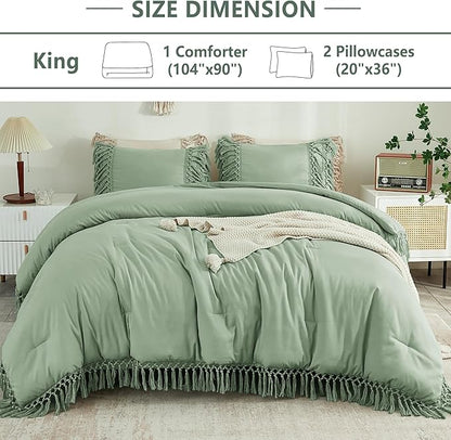 Andency Comforter King Size Set Sage Green, 3 Pieces Boho Tassel Lightweight Vintage Soft Bedding Comforter Sets for King Bed, All Season Fluffy Fringe Bed Set (104x90In Comforter & 2 Pillowcases)