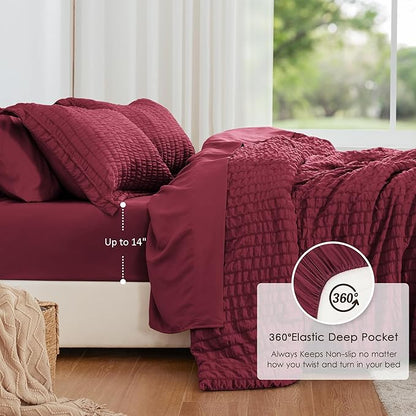 Love's cabin Seersucker Burgundy Full Comforter Set, 7-Piece All Season Lightweight Bed in a Bag Bedding Set with Comforter, Flat Sheet, Fitted Sheet, Pillowcases and Shams | Soft, Breathable, Lightweight