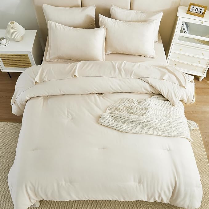 Litanika Super King Plus Comforter Sets Beige - 7 Pieces Bed in a Bag Oversized King Bedding Comforter Sets, Solid Lightweight Bed Set with Comforter, Sheets, Pillowcases & Shams