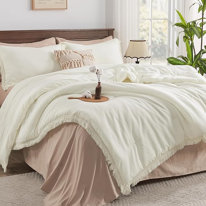 Andency Comforter Full Size Set Ivory, 3 Pieces Boho Ivory Lightweight Bedding Comforter Sets, All Season Tassel Bed Set (79x90In Comforter & 2 Pillowcases)