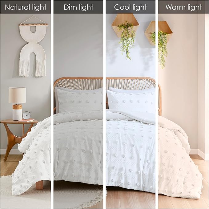Intelligent Design Queen Comforter Set, Clipped Jacquard Comforter Set Chic Pompoms Accent, All Seasons Lightweight & Fluffy Comforter Bed Set with 2 Shams, Lucy, Full/Queen Ivory 3 Piece