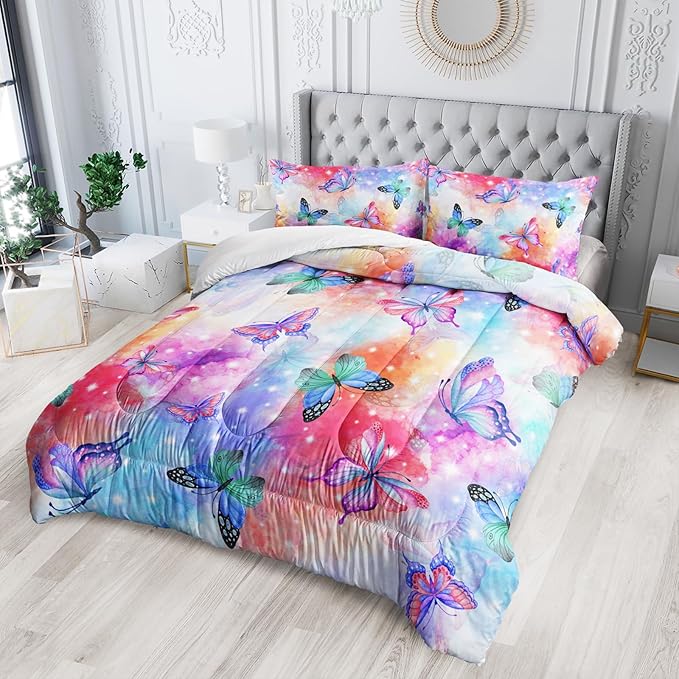 Rainbow Butterfly Comforter Sets Queen，Cute Bedding Sets for Kids,Galaxy Butterfly Comforter Sets All Season 1 Comforter and 2 Pillowcases