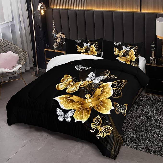 Butterfly Comforter Set for Adults Black and Gold Butterfly Bedding Set Aesthetics Butterflies Quilt Duvet Set Twin Size with 1 Comforter and 2 Pillowcases