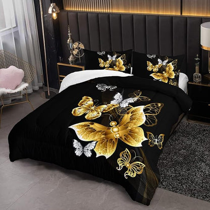 Butterfly Comforter Set for Adults Black and Gold Butterfly Bedding Set Aesthetics Butterflies Quilt Duvet Set Queen Size with 1 Comforter and 2 Pillowcases