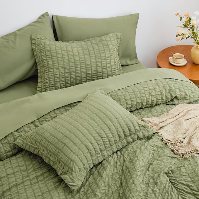 Love's cabin Seersucker Sage Green Full Comforter Set, 7-Piece All Season Lightweight Bed in a Bag Bedding Set with Comforter, Flat Sheet, Fitted Sheet, Pillowcases and Shams | Soft, Breathable, Lightweight