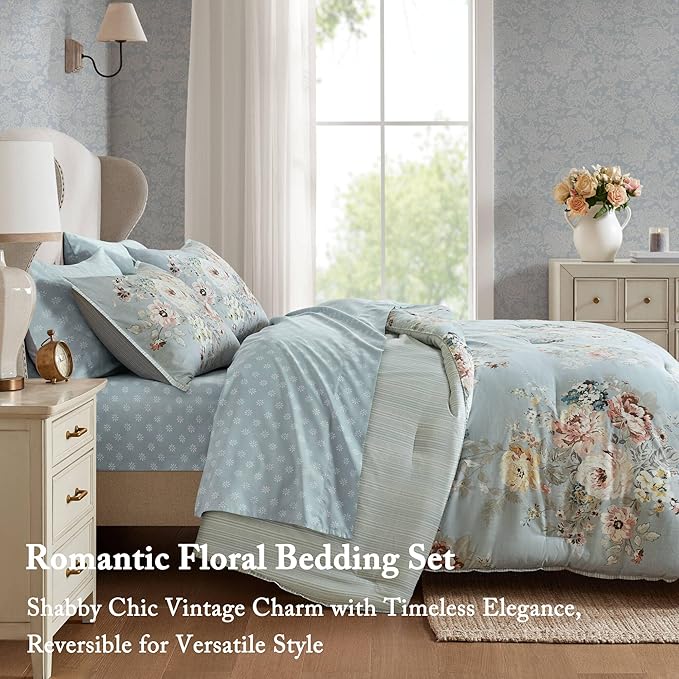 Madison Park Essentials Floral Comforter Set Cal King Size, Vintage Flower Bedding Set with Sheet Set, 7 Pieces Bed in a Bag, Reversible Botanical Comforter, Pillowcases & Shams, Heather, Soft Blue