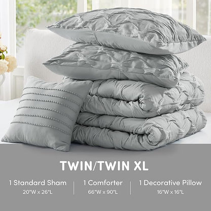 Comfort Spaces Comforter for Queen Size Bed, Ogee Ruched with Crinkle Texture, Breathable Comforter Set Queen, All Season Lightweight Bedding Set, Shams, Décor Pilow, Full/Queen Gray 4 Piece