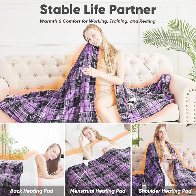 OCTROT Heated Blanket Electric, Twin Size 62X84, Heating Blanket with 10 Heating Levels & 8 Hours Auto Off, Purple Checkered Plaid Sherpa Blankets Warmer for Adults, Fast Heating and Washable