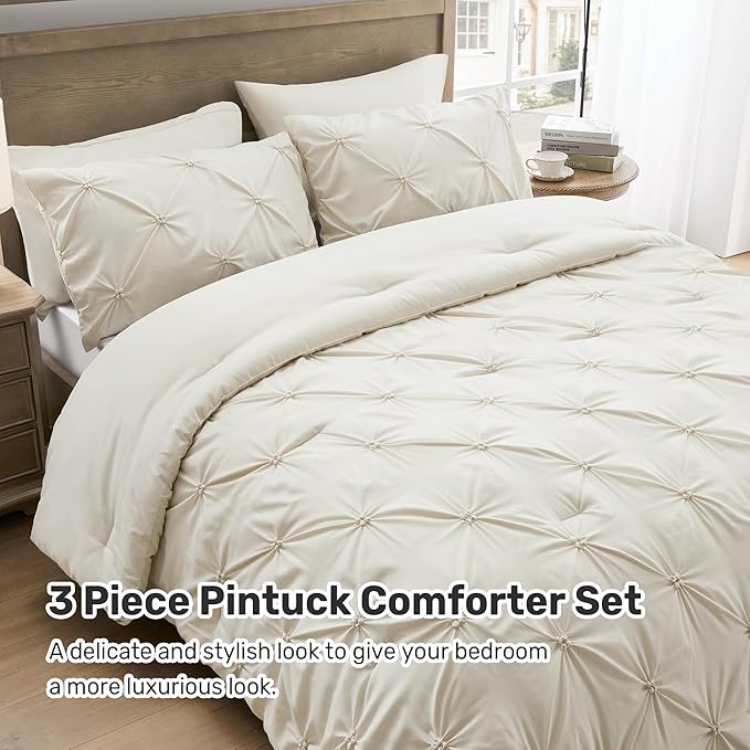 UNIKOME King Size Comforter Set Beige - Ultra Soft Boho Pintuck Cream Down Alternative Bedding Set for All Seasons, 3 Pieces Lightweight Warm Pinch Pleat Bed Set with Comforter, 2 Pillowcases