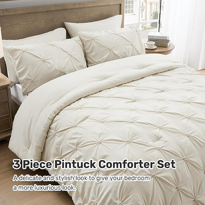 UNIKOME King Size Comforter Set Beige - Ultra Soft Boho Pintuck Cream Down Alternative Bedding Set for All Seasons, 3 Pieces Lightweight Warm Pinch Pleat Bed Set with Comforter, 2 Pillowcases