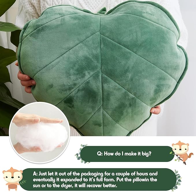 Leaf Shaped Throw Pillow Cushion 20 x 20 Inch 3D Plant Leaf Pillow Cute Decorative Soft Plush Cushion for Plant Lovers Gift Bedroom Sofa Couch Car Living Room Home Decoration Favor, Dark Green