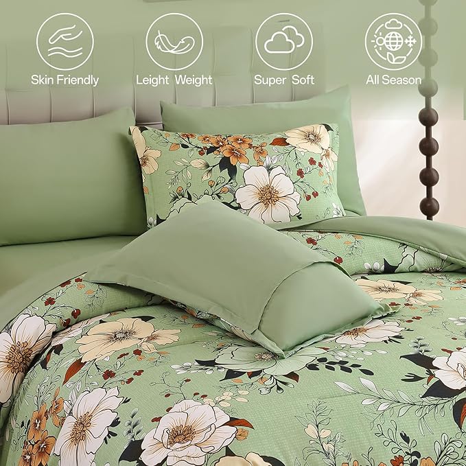 Xruibed Floral Comforter Set Queen Size 7 Pieces, Sage Green Bed in a Bag Flower Boho Comforter Set with Sheet, Pillowcases, Pillowshams, Soft Microfiber Bedding Set for All Season (Queen 90''x90'')