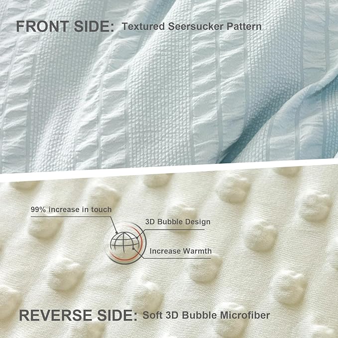 Boho Comforter Set Full Size Striped Pleats Bohemian Seersucker Bedding Set All Season Soft Cozy 3 Pieces Quilt with 2 Pillowcases(80"X90" Light Blue)