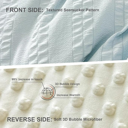 Boho Comforter Set Full Size Striped Pleats Bohemian Seersucker Bedding Set All Season Soft Cozy 3 Pieces Quilt with 2 Pillowcases(80"X90" Light Blue)