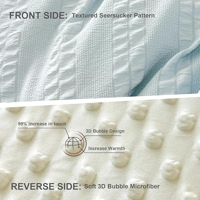 Boho Comforter Set Queen Size Striped Pleats Bohemian Seersucker Bedding Set All Season Soft Cozy 3 Pieces Quilt with 2 Pillowcases(90"X90" Light Blue)