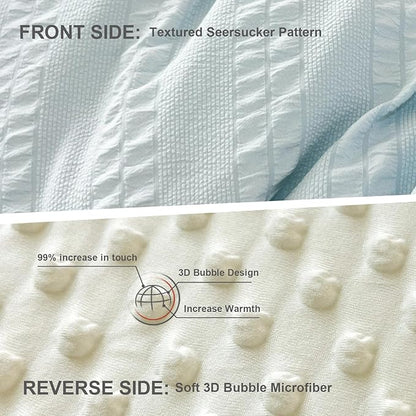 Boho Comforter Set Queen Size Striped Pleats Bohemian Seersucker Bedding Set All Season Soft Cozy 3 Pieces Quilt with 2 Pillowcases(90"X90" Light Blue)
