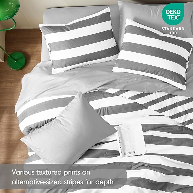 Reversible Striped Queen Comforter Set, Soft Microfiber Bedding Set with Double-Sided Stripes Design, Warm & Cozy for All-Seasons, 3-Piece Comforter and Shams Set Queen Size, Charcoal