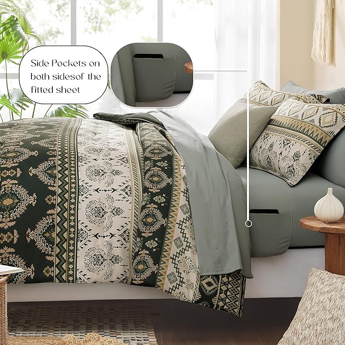 Geniospin King Size Comforter Set- 7 Pieces Boho Bed in a Bag, Western Bedding Set for All Seasons, Soft Aztec Bedding, Lightweight Comforter Bed Set with Sheets, Pillowcases & Shams