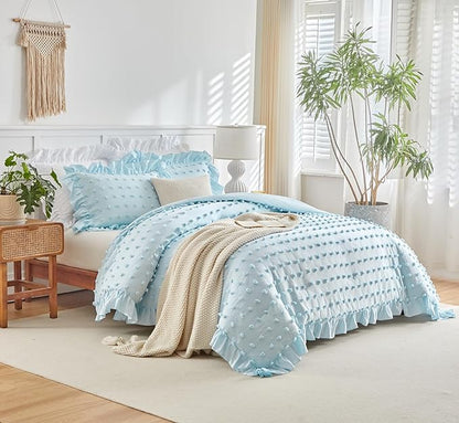 Tufted Dots Ruffle Comforter Set Full/Queen Size, 3 Pieces Blue Vintage Farmhouse Shabby Chic Comforters, Jacquard Boho Bohemian Bedding Set for All Season (1 Ruffled Comforter+ 2 Pillow Shams)