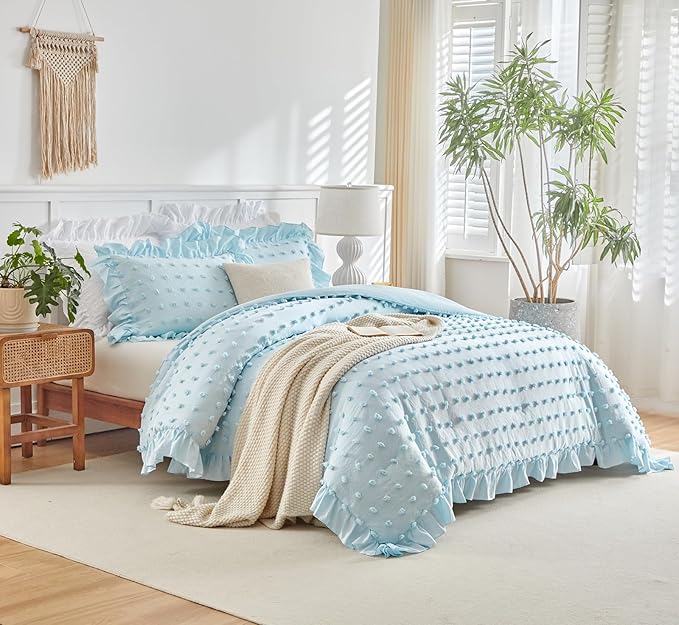 Flysheep Tufted Dots Ruffle Comforter Set King Size, 3 Pieces Blue Vintage Farmhouse Shabby Chic Comforters, Jacquard Boho Bohemian Bedding Set for All Season (1 Ruffled Comforter+ 2 Pillow Shams)