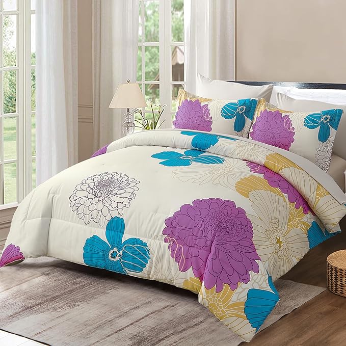 Yiran Pink Teal Beige Comforter Set Queen Size,7 Pieces Bed in a Bag Colourful Floral Comforter Boho Microfiber Lightweight Bedding Set for All Season (90''x90'')