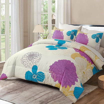 Yiran Pink Teal Beige Comforter Set Queen Size,7 Pieces Bed in a Bag Colourful Floral Comforter Boho Microfiber Lightweight Bedding Set for All Season (90''x90'')