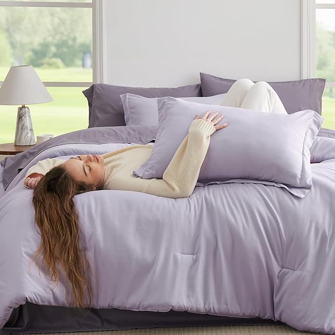 Bedsure Twin Comforter Set - 5 Pieces Lavender Twin Bedding Set for All Seasons, Boho Contrasting Design Bed in a Bag with Comforter, Sheets, Pillowcase & Sham