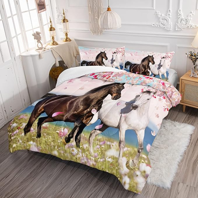 HOSIMA Horse Bedding for Girls, Spring Farm Animals Pink Cherry Blossom Pattern Twin Size Comforter Set with 2 Pillowcases, Western Bedding Set Theme