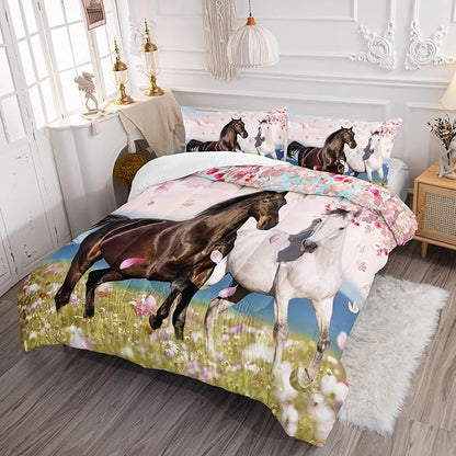 HOSIMA Horse Bedding for Girls, Spring Farm Animals Pink Cherry Blossom Pattern Twin Size Comforter Set with 2 Pillowcases, Western Bedding Set Theme