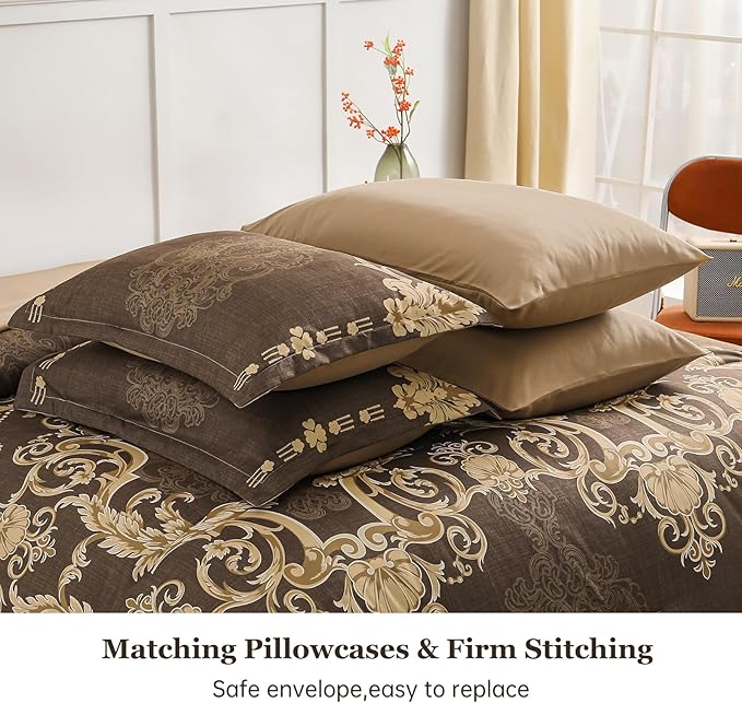 Mybedsoul Coffee Queen Comforter Set, 7 Pieces Boho Bed in a Bag for Queen Bed, Damask Comforter with Sheets Pillowcases, Soft Microfiber Lightweight Bedding Sets for All Season(90"x90")